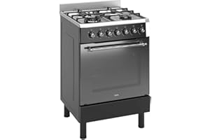 Ferre F6IP40E7-IBL-RETRO 60cm Cooker, Freestanding Dual Fuel Cooker, With Wok Burner, Turbo Fan, Shiny Stainless Steel & Black, NG/LPG Convertible