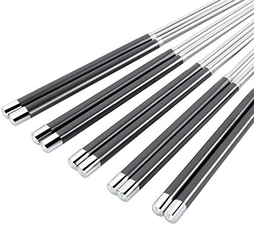 Bytan 5 Pairs of Chopsticks Stainless Steel Chinese Japanese Chopsticks Reusable Metal Non-slip Chopsticks Tableware Set