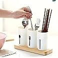 AMERTEER Cutlery Holder | Silverware Caddy | Plastic Self Draining Flatware Caddy For Countertop | Flatware Utensil Caddy For Spoon, Fork & Chopstick | Kitchen Utensil Caddy With Wood Base (White)