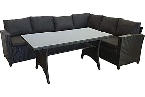 ‎KMH KMH Polyrattan Gartensitzgruppe Hannover Schwarz - Große Lounge Gartenlounge inkl. Auflagen und Kissen - Moderne Gartenmöbel Polyrattan - Robuste Sitzgruppe Garten aus Ecksofa & Tisch