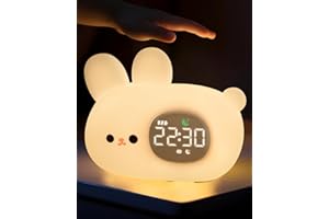 YILIAW Alarm Clock with Night Light for Kids, Sleep Training Clock with Sound Machine, Rechargeable Silicone OK to Wake Clock，Cute Animal Tabletop Lamp, Perfect Sleep Companion for Boys Girls, Bunny