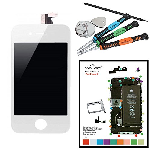 spécification Trop Saint ® Vitre tactile BLANCHE pour iPhone 4S + écran LCD BLANC Retina prémonté avec chassis - Changez vous même - Tapis de Repérage Magnétique et outils OFFERT