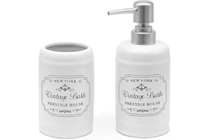 Inbagno Set Accessori Bagno in Ceramica Bianca con Stampe a Contrasto Nere, Stile Vintage, Completo di Dispenser Sapone e portaspazzolini