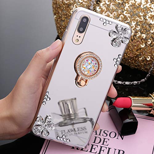 Coque Huawei P20, Coque Huawei P20 Miroir Paillette, SainCat Ultra Slim Bling Bling Diamant Silicone Coque pour Huawei P20, Coque Silicone fleur et Strass Glitter Brillante Paillette Silicone Soft Gel TPU Cover avec Anneau Support, Coque Ultra Mince Premium Housse Silicone Shockproof Case Ultra Protection Bumper Case Skin Étui Coque Anti Choc Housse Bumper Doux Cover pour Huawei P20-Argent