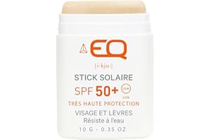 EQ Stick Solaire Bio SPF50+ Visage & Lèvres - Crème Solaire Naturelle, Écologique - Stick SPF 50 Idéal pour Surf, Ski, & Tatouages - 10g Doré paillleté - Conçu pour Sportifs - Fabriqué en France