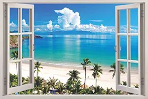 3D Depth Illusion Vinyl Wall Decal Sticker | Flat Water Palm Trees Ocean Beach Sea Seascape View | Window Framed Wall Poster for Home D