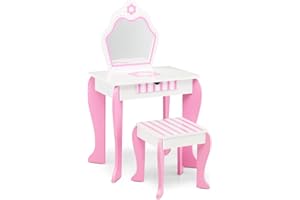 ‎GOPLUS GOPLUS Kinder Schminktisch Set, Make up Schminktisch mit Hocker Spiegel, 2 in 1 Frisiertisch mit Schublade, Kosmetiktisch mit kleinen rosa Blumen für Mädchen, ideal für Kinderzimmer Weiß