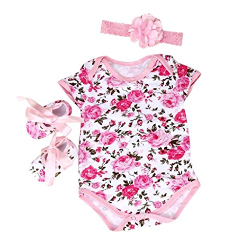 JACKY 3pcs Floral Romper Bodysuit+headband+Shoes Sets Clothes (Small)