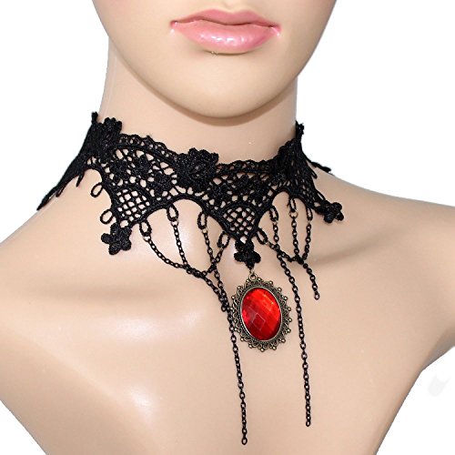 Ecloud Shop® Prom gótico Retro Negro Encaje Gargantilla Collar Rojo 
