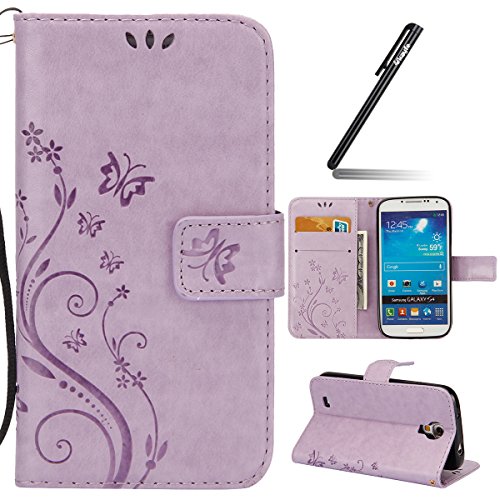 Galaxy S4 Hülle,Samsung Galaxy S4 Case,Samsung Galaxy S4 i9500 PU Leder Wallet Brieftasche Schutzhülle,Ukayfe Drucken Schmetterling Blumen Muster PU Leder Flip Case im Bookstyle Folio Wallet Cover Ledertasche Schutzhülle Case Tasche mit Standfunktion und Karte Halter Lederhülle für Samsung Galaxy S4 - Hell Lila