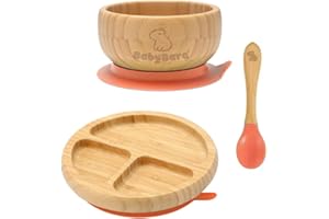 BABYBARA ® Plates and Bowls Set, Weaning Set, Baby Weaning Set, Bamboo Bowl Plate and Spoon, Segmented Baby Feeding Set with suctions, Baby weaning Essentials, Tableware Set