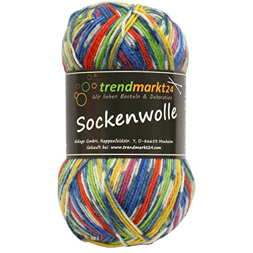Sockenwolle 4 fädig bunt, 50g, Lauflänge ca. 210m, schadstoffgeprüfte Qualität ✓ Material: 75% Schurwolle, 25% Polyamid ✓ Wolle für Socken ✓ Superwash ✓ hoher Tragekomfort ✓ hohe Strapazierfähigkeit ✓ filzfrei ✓ temperaturausgleichend ✓ feuchtigkeitsabsorbierend ✓ Ideal als Strumpfwolle oder Strickwolle ✓| trendmarkt24 601024 (Bunt)