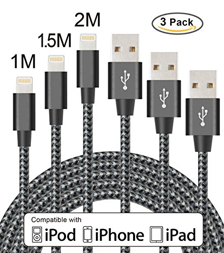 Flashstye 3 Pack 1M 1.5M 2M Phone Charger Nylon Braided Lightning to USB Cable Apple lightning cable for iPhone 7 Plus 6S Plus 6 Plus SE 5S 5C 5, iPad 2 3 4 Mini, iPad Pro Air, iPod.(Black Gray)