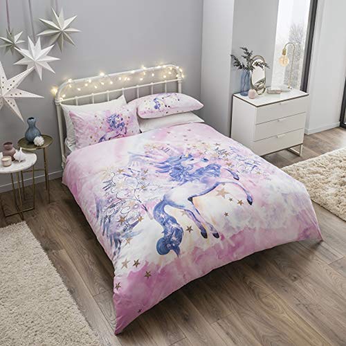 clicktostyle Parure de lit en Polycoton avec Housse de Couette et taies d'oreiller Motif Noël, Pearly Unicorn, Simple