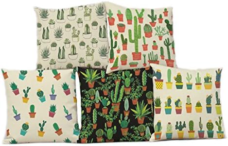 Zeafin Modern Simple Plants Series Cotton &amp; Linen Burlap Square Throw Pillow Covers, 18 x 18 Inches, Set of 5