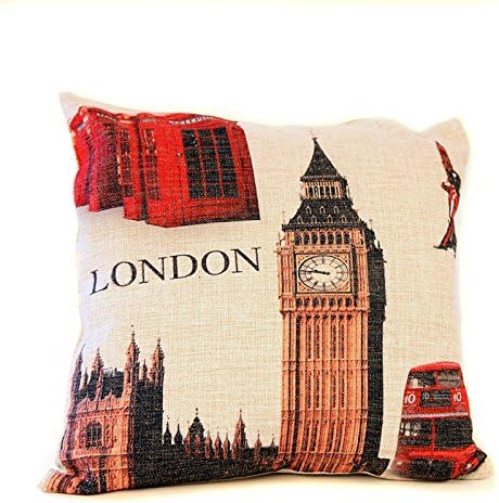 BIG BEN LONDON CUSHION COVER BURLAP 45x45cm (18”x18”) RED BUS PARLIAMENT TELEPHONE BOOTH