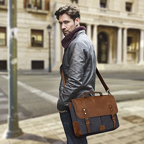 S-ZONE Vintage Segeltuch Leder Unisex Damen Herren Junge Multifunktiontasche Umh  ngetasche Henkeltaschen Laptoptasche Beutel f  r Arbeit Studium Reis