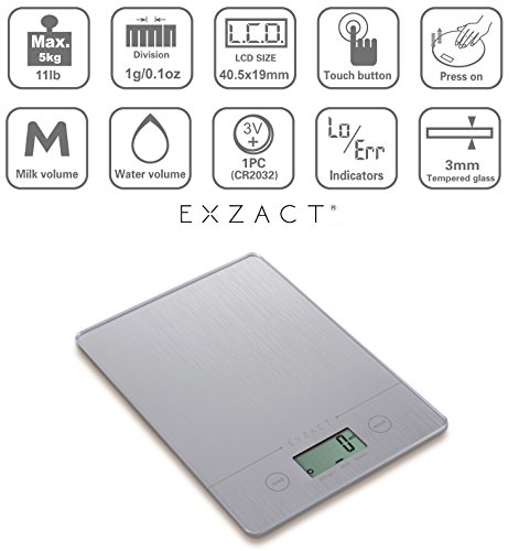 EXZACT EX9150 Super Schmal (1.4 CM) Elektronische Küchenwaag / Digitale Waage – Hartglasplattform – Berührungsknopf – Batterie Inklusive – 5kg/11lb (Silber) - 2