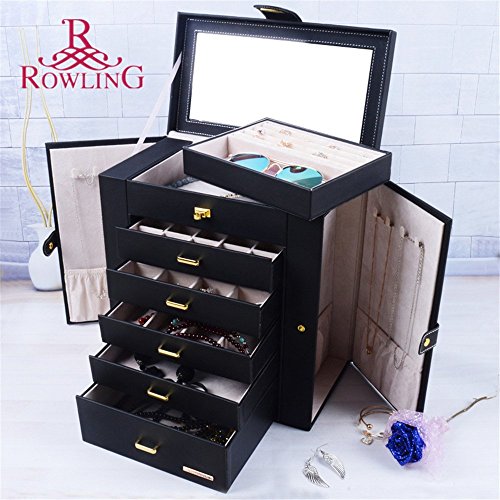 ROWLING Schmuckkasten Schmuckkoffer Schatulle mit 5 Schubladen Spiegel DE241 (schwarz) - 5