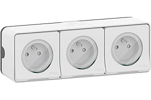 Schneider Electric MUR36039 Mureva Style, triple toma de corriente, precableada, 2P+T, estándar FR, 16A, IP55, conexión rápida saliente IP55 IK08 - Blanco 3 enchufes
