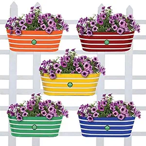 TrustBasket Ribbed Oval Balcony Railing Flower Pots/planters - Set of 5 (Red, Yellow, Green, Orange, Blue)