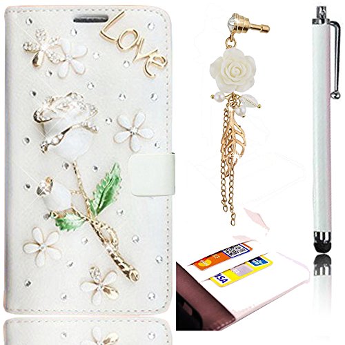 Flip Wallet Luxus Leder Diamant Samsung Galaxy S6 Edge G9250 Strass Schutz Hülle, Sunroyal Bling 3D Rhinestone Handy Tasche Etui Schale Compact für S6 Edge Hülle Hybrid PC Hart Haut Rückseite Zurück + 1x Universal Schleife Kristall Bling Anhänger Strass Diamant Anti Staub Schutz Stecker Stöpsel + 1x Stift Stylus Touch Pen,Schön Love Liebe Series 3D Weiß Rose Blume Grün Blatt Weiß Bottom Farbmalerei
