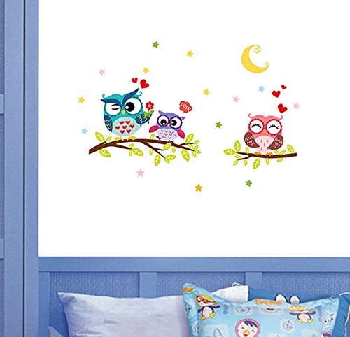 Extsud® 5 Stücke Wandaufkleber Karikatur DIY Wandsticker mit Eulen Äste und Blumen Mond Sterne, Owl Wandtattoo Wandbilder Wohndeko für Kinderzimmer Babyzimmer Jugendzimmer Wohnzimmer (Model 2) - 3