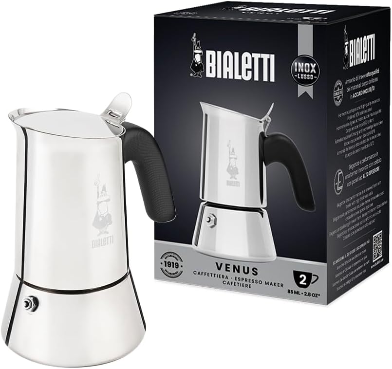 Bialetti - Venus: 2 Cups Ocak Üstü Espresso Pişirici - 85ml - Gümüş Renk - Paslanmaz Çelik Gövde - Patentli Güvenlik Valfi - Tüm Ocak Türleri İçin Uygundur (İndüksiyon Hariç)
