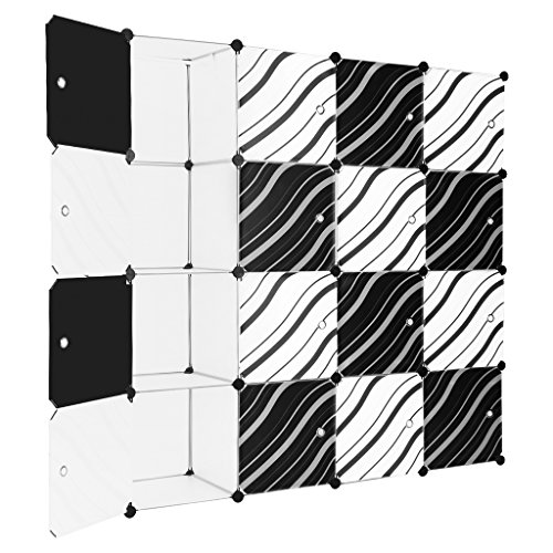 LANGRIA Stufenregal 16-Kubus Modular Lagerregal Kleiderschrank Garderobe mit Transluzenten Zebra Striped Türen Design für Kleidung, Schuhe, Spielzeug und Bücher