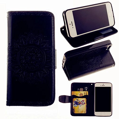 MUTOUREN Hülle für iphone SE iphone 5 5s Schutzhülle [Kratzfeste, Scratch-Resistant] Bookstyle PU Lader HandyHülle Tasche Wallet Flip Case Lederhülle Brieftasche mit Standfunktion Kartenfächer Magnetic schließt Painted Muster- Henna Indische Sonne Mandala Schwarz + Metall Stylus Stift - 2