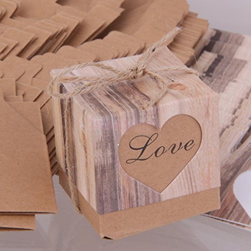 Pixnor Rustikale Kraft Süßigkeiten-Boxen Hochzeit Shabby Chic Sackleinen Vintage Geschenk Schachteln gefallen Hochzeit Gunst – 50 Stücke - 4