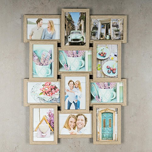 levandeo Holz Bilderrahmen Farbe: Eiche gekälkt hochwertig verarbeitet für 12 Fotos 10x15cm mit Glasscheiben – Querformat und Hochformat Fotogalerie Collage Fotocollage Bildergalerie Fotorahmen - 3
