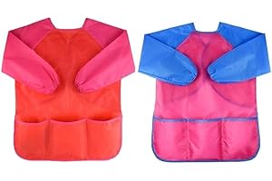 KIMMAX Kids Art Smock 3-7 years old, Children Paint Apron Waterproof Painting Smock Long Sleeve Toddler Play Aprons for Painting, Cooking, Crafts, Clay (Red&Pink(M,100-125cm))