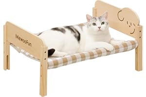 MEWOOFUN Cat Beds Hammock, Wooden Raised Cat House Bed with Removable Soft Plush Cover for Indoor Cats, Stackable Pet Bunk Bed Couch Furniture for Kittens Resting (55x41x30cm, Brown)