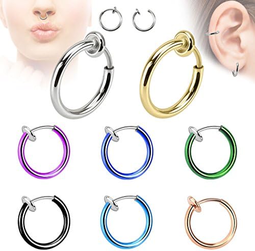 1x Fake Clip-on Rings Surgical Steel Coated Nose Septum Piercing 1.6 x 10 mm Assorted Colours, blue