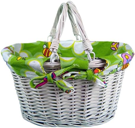 Whitewash Wicker Shopping Basket with Folding Handles and GREEN Butterfly &amp; Bees Cotton Lining - Baby Shower Gift Hamper, Storage, Shopper Basket - (30x20x17cm high)