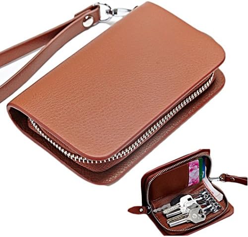 Lememogo Leather Key Case Zipper Card Wallet Cash Purse Pouch Bag Keychain Holder for Travel with Hand Strap 13x2.3x8.5 cm (Yellow)
