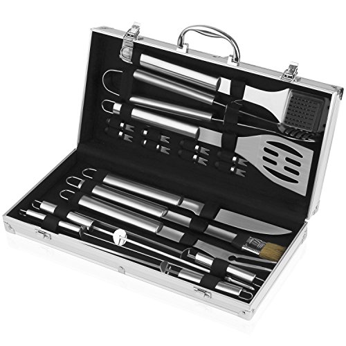 INTEY Grillbesteck Set aus Rostfreiem Edelstahl 18-teilig Profi Barbecue Grillset mit Aluminiumkoffer fürs Grillen, Silber