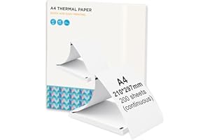 Homuserr Papel Térmico A4, 210x297 mm, Papel Impresión Térmico Plegado Continuo, Compatible con Impresora Portátil A47, L81, A81, A80, Adecuado para Negocios, Viajes, Exteriores, Oficina, 200 Hojas