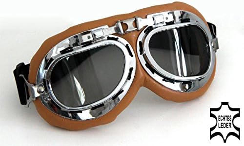 Motorcycle goggles brown, smoke-tinted lenses, chrome frame, REAL-LEATHER