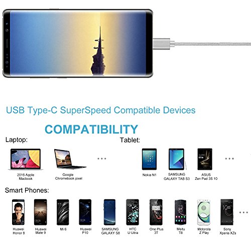 USB Type-C Kabel Nylon-lebenslange Garantie-TUOYA USB-C Ladekabel auf USB3.0 mit Nylon, Daten & Lade Type-C Datenkabel mit Aluminium Stecker für Samsung Galaxy S8 / S8 Plus, LG G5, Lumia 950xl/950, Nexus 5x/6p, OnePlus 3, und andere Type-C unterstützte Geräte (2pack-6,6ft/2m, Grau) - 6