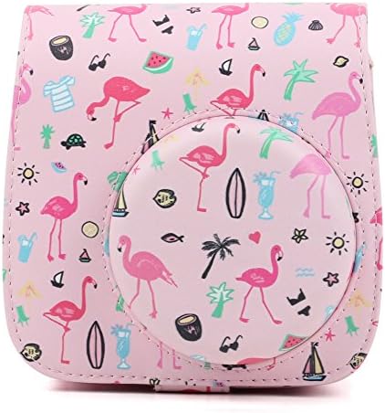 Alkia Protective Case Compatible for Fujifilm Instax Mini 9/Mini 8/Mini 8+ Instant Camera Case Bag - Premium Vegan Leather Bag Cover with Removable Strap (Pink Flamingo)