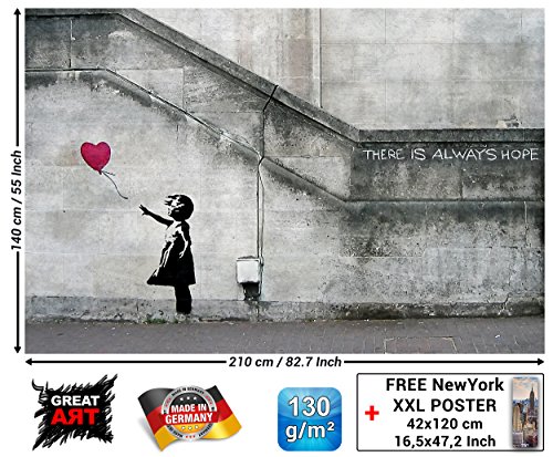 GREAT ART Fototapete - Banksy Street Art Graffiti - Wandbild Wand Dekoration Banksy Hope Balloon Girl Stencil Pop Art Gemälde Bild Wallpaper Foto-Tapete Wandtapete Poster (210 x 140 cm)