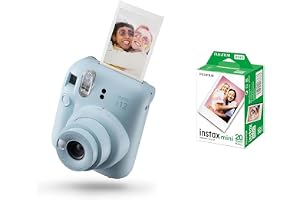 instax mini 12 kamera, autoexponering med inbyggd selfie-lins, Pastel Blue & instax mini film, 20 pack