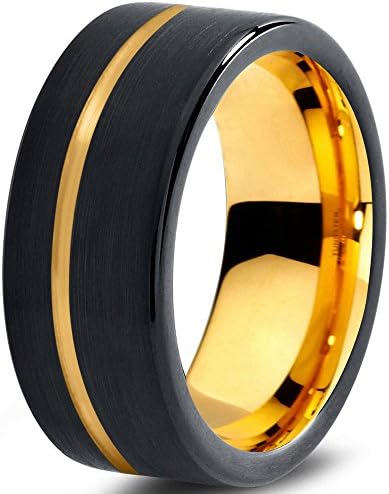 Tungsten Wedding Band Ring 9mm for Men Women Black Yellow Gold Plated Flat Cut Offset Line Brushed Polished Size Z+5