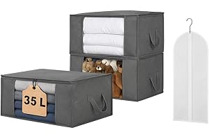 JIVAL19*22 Cajas Almacenaje Ropa 35L con Portatraje Impermeable – Pack 3 Cajas Organizadoras Bajo Cama y Armario, Tela 3 Capas, Asas Reforzadas, Ventana Transparente