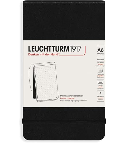 Leuchtturm1917 Carnet Pocket A6 Ligné Noir – 185 Pages Numérotées, Marque-Page & Élastique