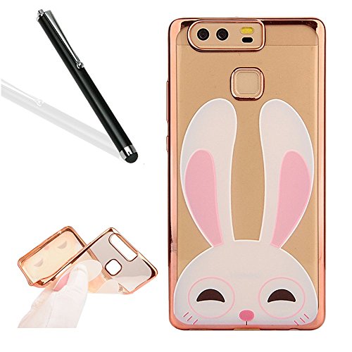Huawei P9 Case Cover with Free Black Stylus Pen,Leeook Luxury Elegant Beautiful Cute Funny Pink Bunny Rabbit Electroplate Plating Frame Crystal Soft Gel Silicone TPU Case Cover Bumper for Huawei P9