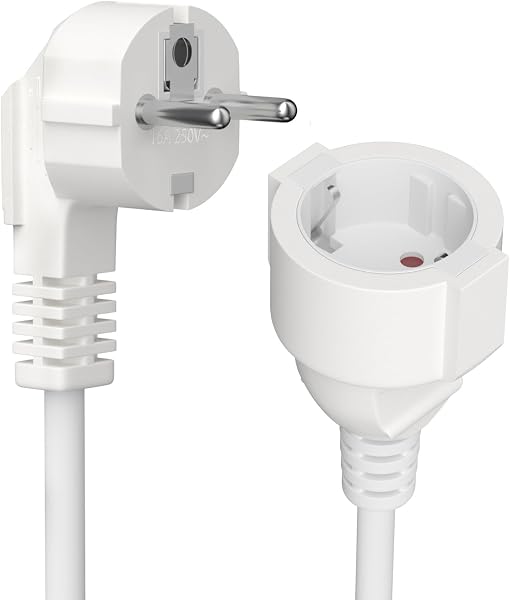 Cavo di prolunga IP20 1,5 m, Cavo di prolunga Schuko angolato a 90° corto, 250 V, 16 A, 3680 W - H05VV-F3G 1,5 mm² Prolunga spina schucko/allungatore, femmina a maschio bianco - 1