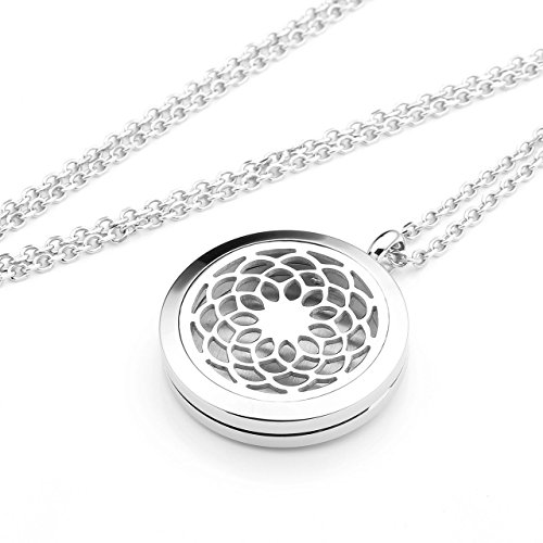 JOVIVI Edelstahl Rund Aromatherapie Ätherische Öle Diffusor Halskette Hollow Hohl Blume Floating Medaillon Locket Anhänger - 5